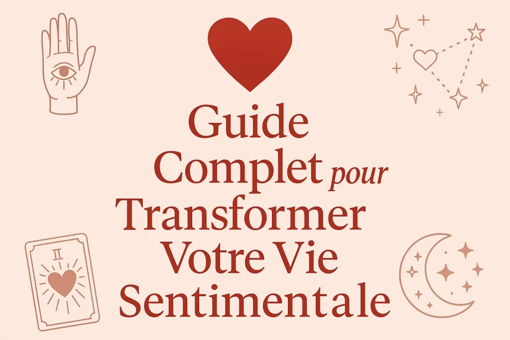 Couverture illustrée d’un guide sur la voyance amour, avec des symboles mystiques et un cœur rouge au centre, représentant la transformation sentimentale.