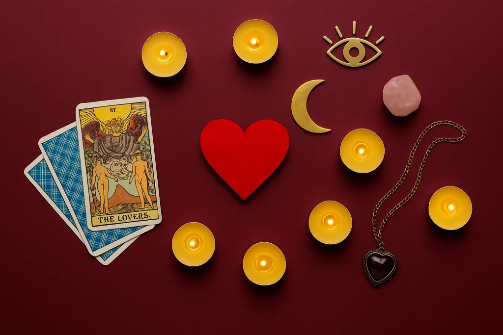 Rituel symbolique de voyance amour avec bougies, tarot, cœur et pierre de quartz rose"
