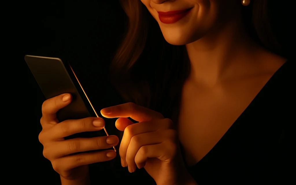 Consultation sérieuse de voyance par tchat sur smartphone, femme concentrée et discrète